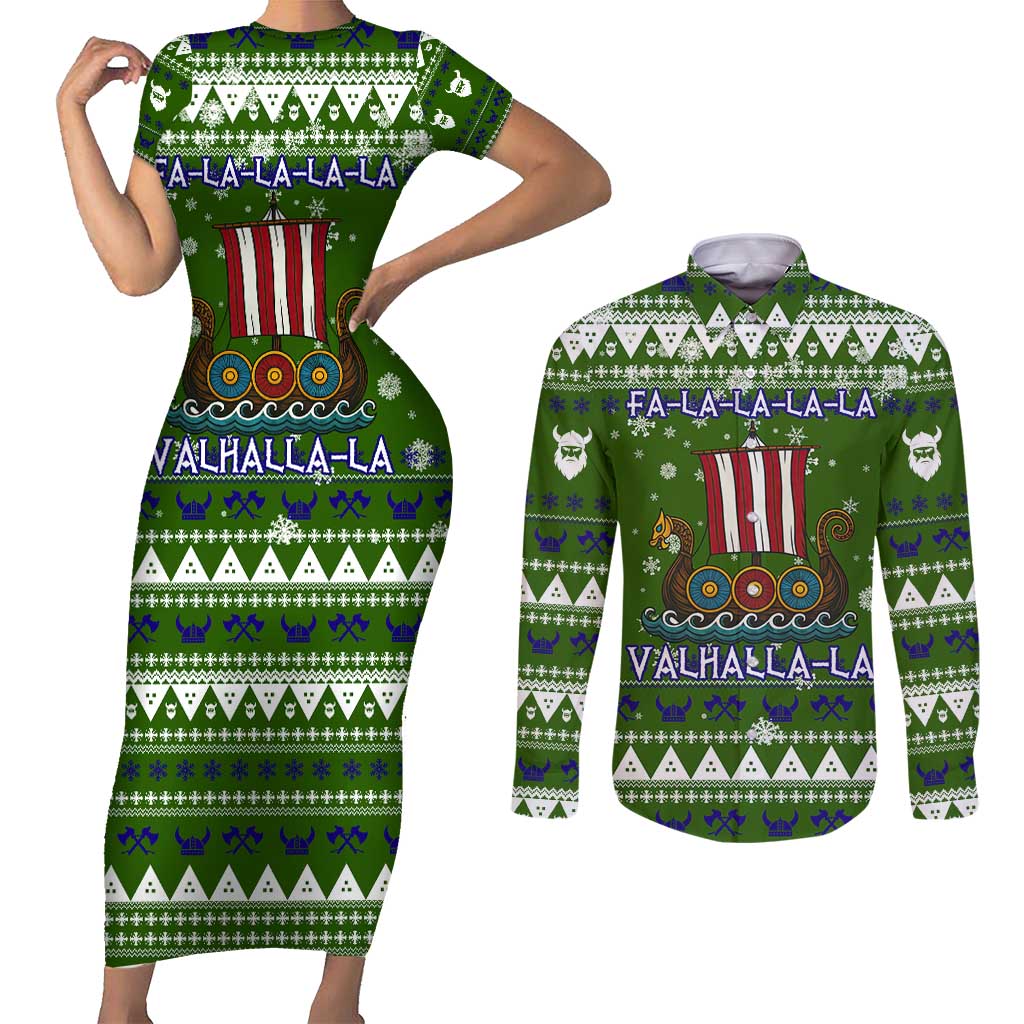 Amazing Viking Christmas Couples Matching Short Sleeve Bodycon Dress and Long Sleeve Button Shirt Xmas Holiday Patterns - Wonder Print Shop