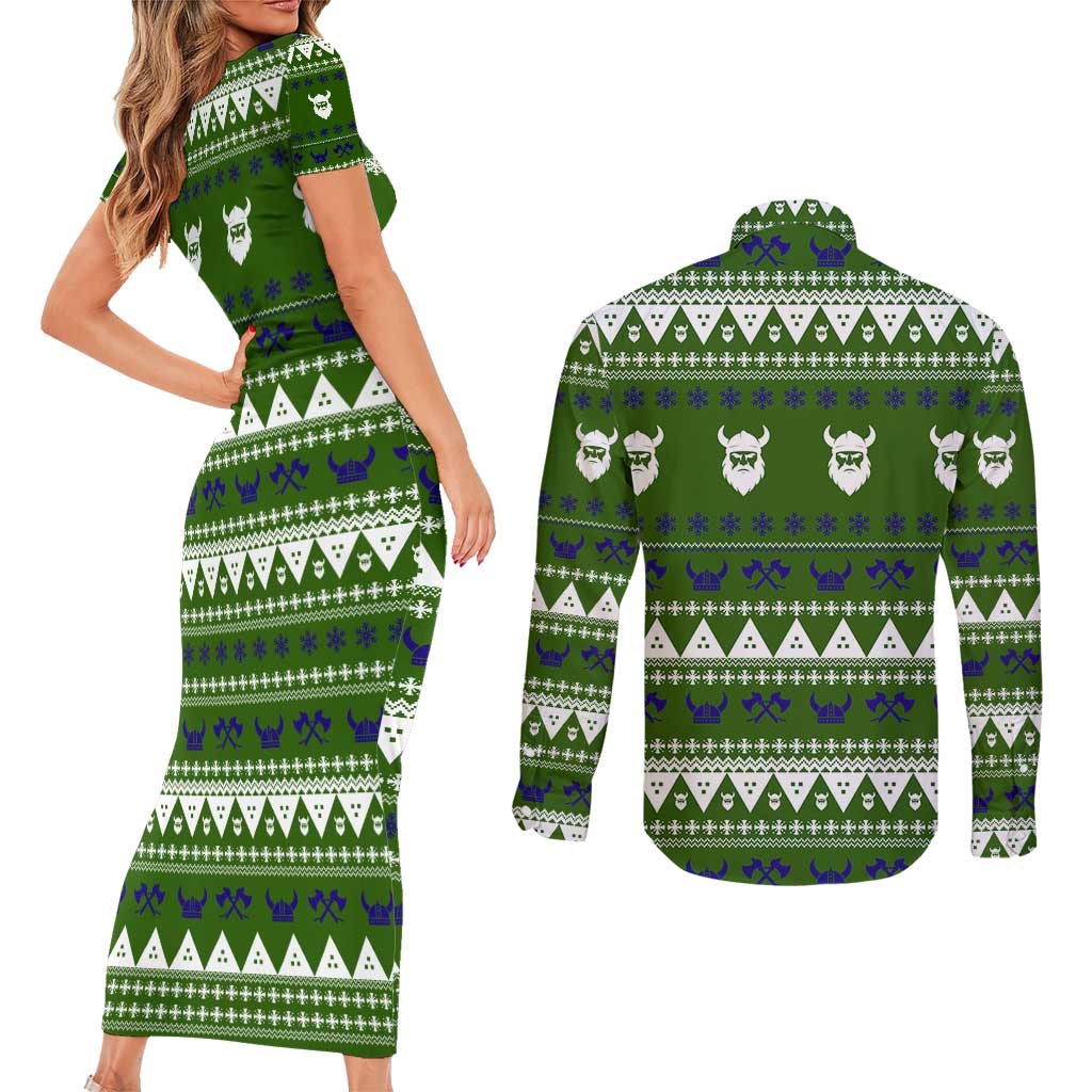 Amazing Viking Christmas Couples Matching Short Sleeve Bodycon Dress and Long Sleeve Button Shirt Xmas Holiday Patterns - Wonder Print Shop