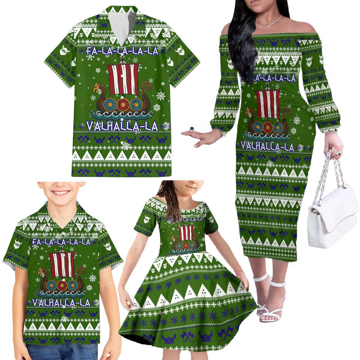 Amazing Viking Christmas Family Matching Off The Shoulder Long Sleeve Dress and Hawaiian Shirt Xmas Holiday Patterns - Wonder Print Shop