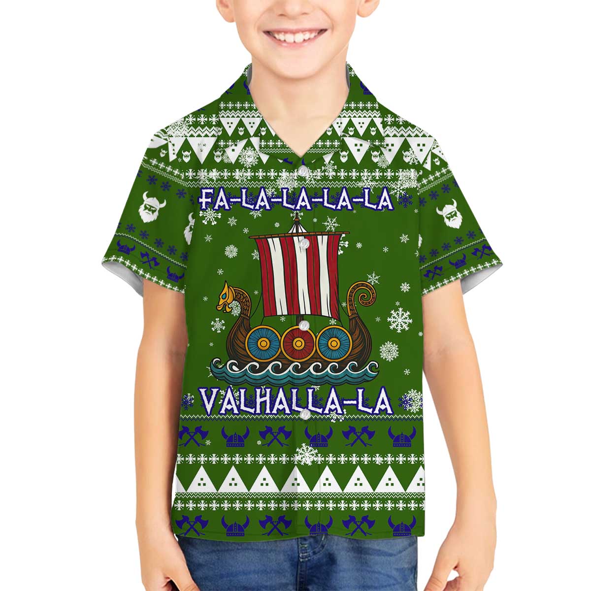 Amazing Viking Christmas Family Matching Off The Shoulder Long Sleeve Dress and Hawaiian Shirt Xmas Holiday Patterns - Wonder Print Shop