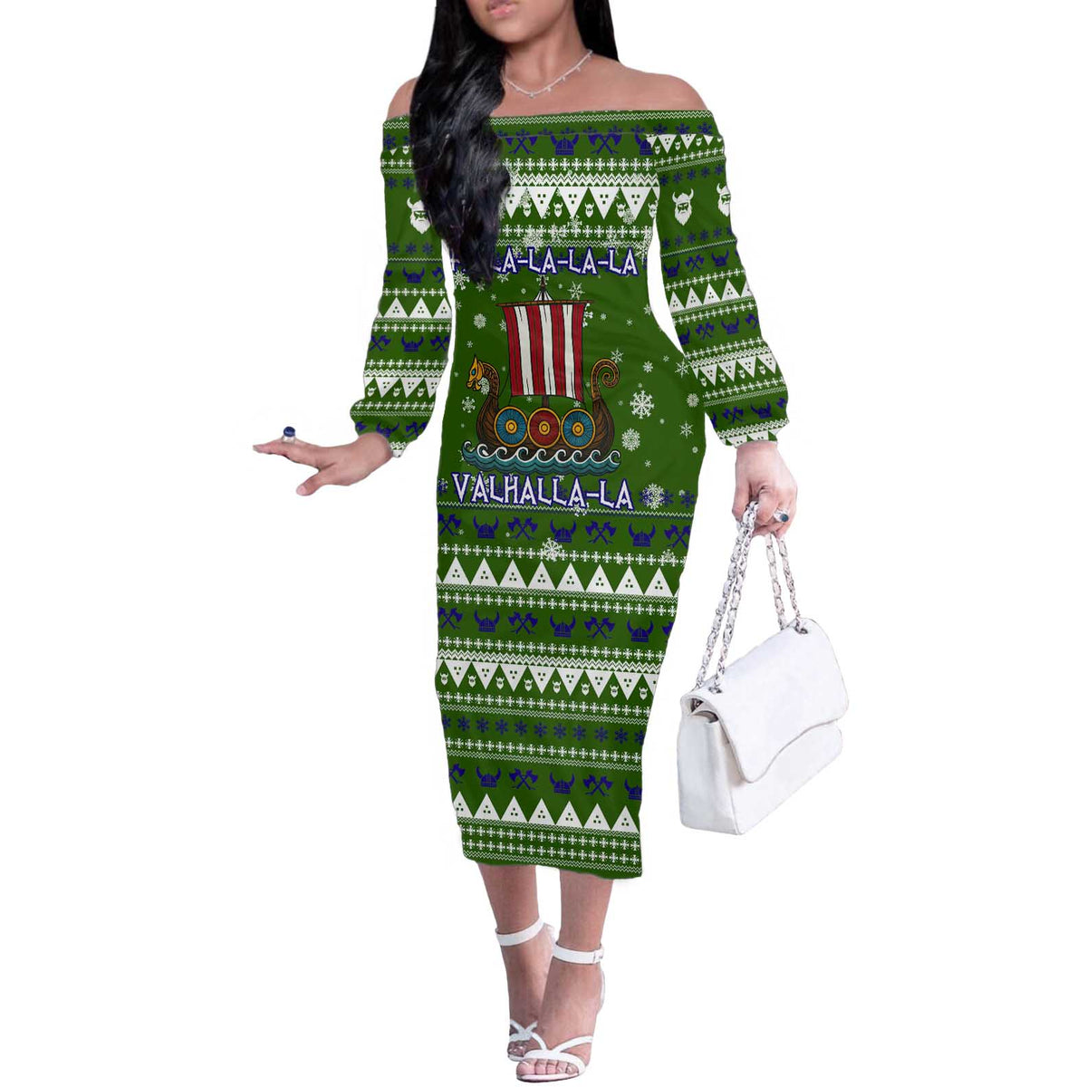 Amazing Viking Christmas Off The Shoulder Long Sleeve Dress Xmas Holiday Patterns - Wonder Print Shop