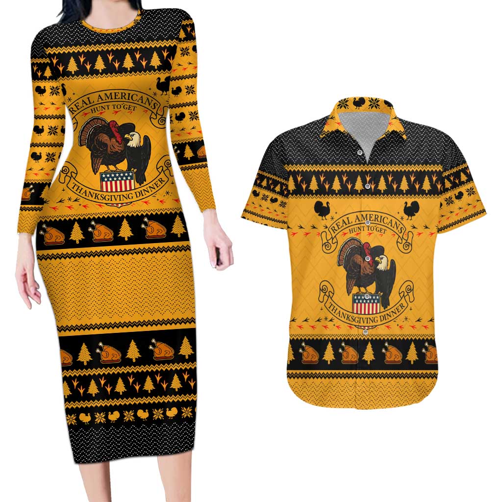Americans Turkey Hunting Thanksgiving Christmas Couples Matching Long Sleeve Bodycon Dress and Hawaiian Shirt Xmas Holiday Patterns - Wonder Print Shop
