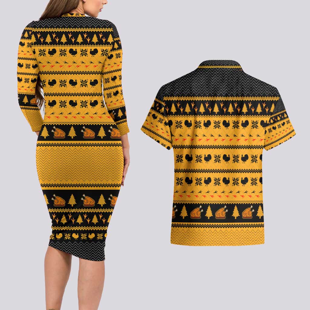 Americans Turkey Hunting Thanksgiving Christmas Couples Matching Long Sleeve Bodycon Dress and Hawaiian Shirt Xmas Holiday Patterns - Wonder Print Shop