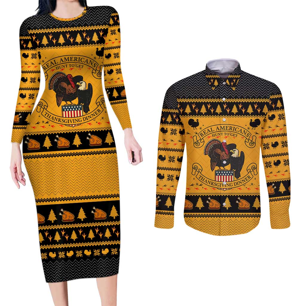 Americans Turkey Hunting Thanksgiving Christmas Couples Matching Long Sleeve Bodycon Dress and Long Sleeve Button Shirt Xmas Holiday Patterns - Wonder Print Shop
