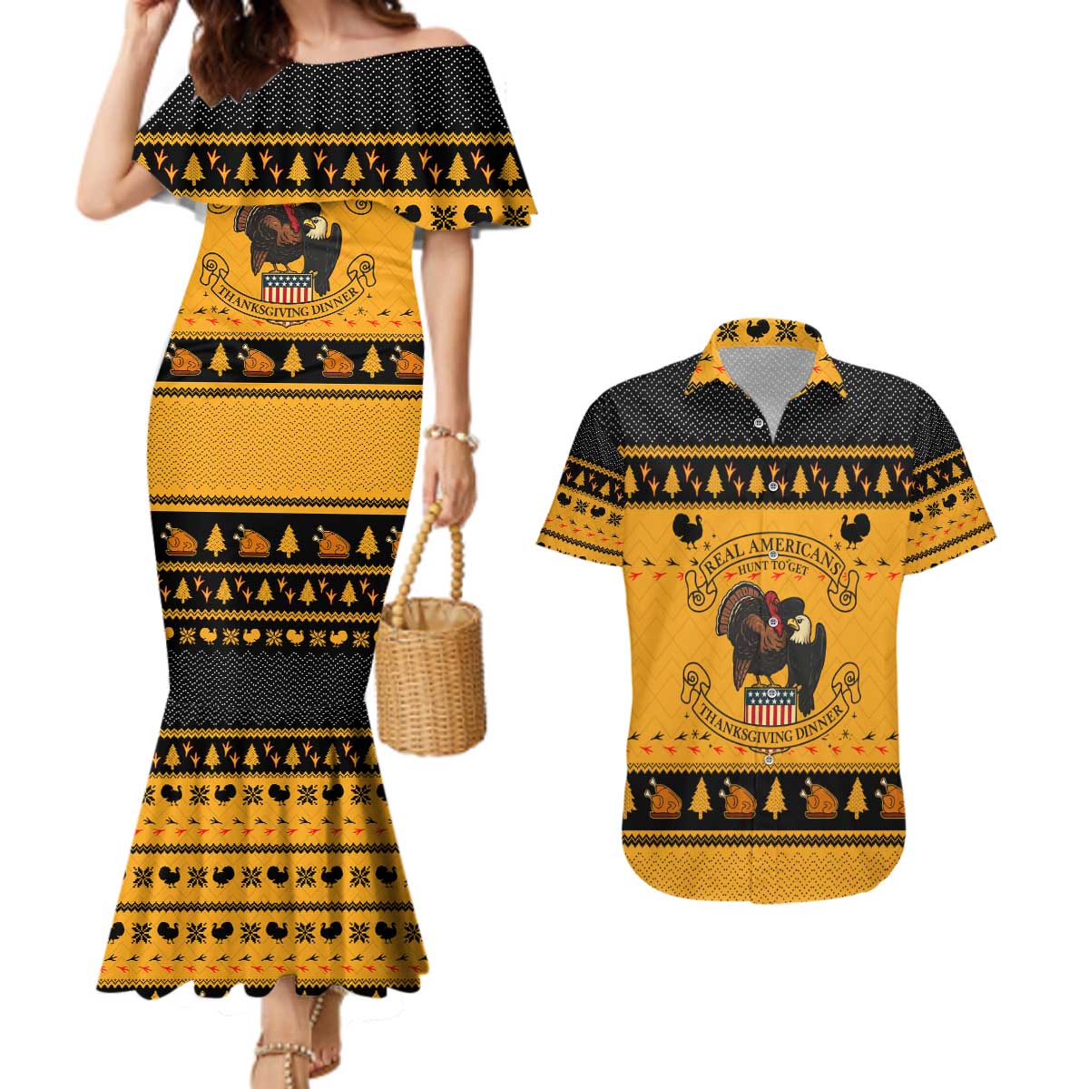 Americans Turkey Hunting Thanksgiving Christmas Couples Matching Mermaid Dress and Hawaiian Shirt Xmas Holiday Patterns - Wonder Print Shop