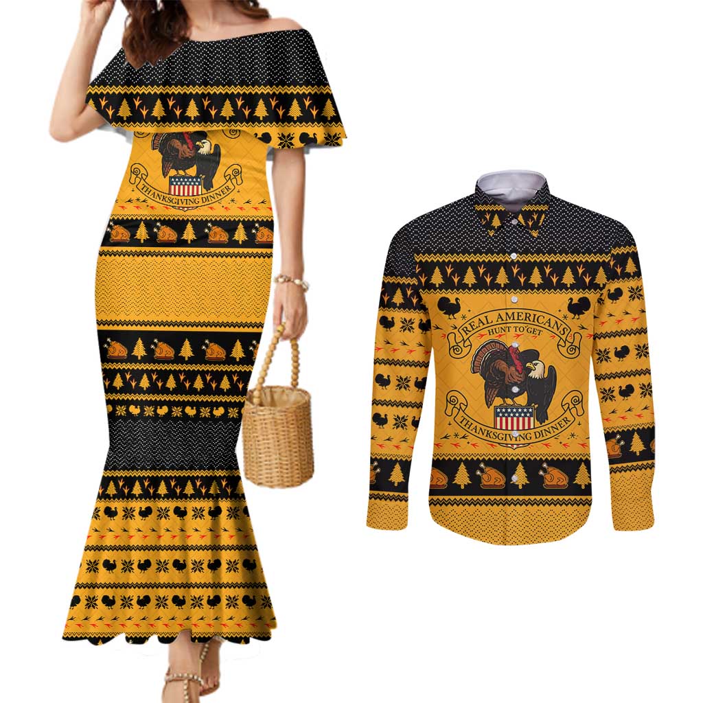 Americans Turkey Hunting Thanksgiving Christmas Couples Matching Mermaid Dress and Long Sleeve Button Shirt Xmas Holiday Patterns - Wonder Print Shop
