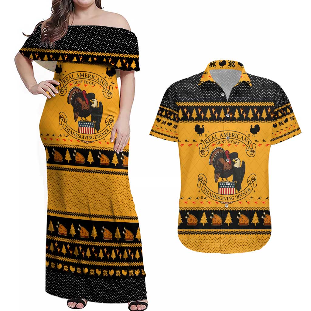Americans Turkey Hunting Thanksgiving Christmas Couples Matching Off Shoulder Maxi Dress and Hawaiian Shirt Xmas Holiday Patterns - Wonder Print Shop