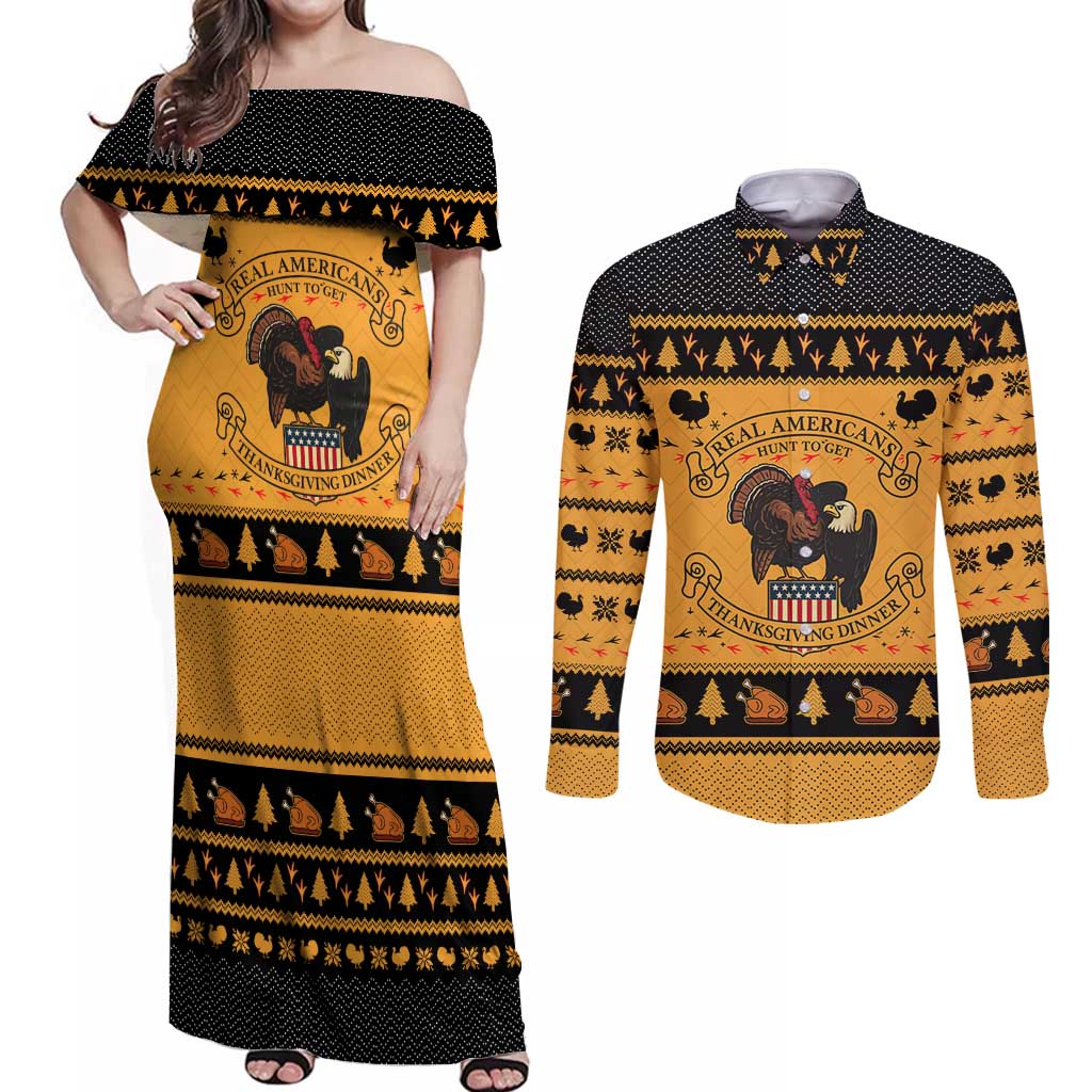 Americans Turkey Hunting Thanksgiving Christmas Couples Matching Off Shoulder Maxi Dress and Long Sleeve Button Shirt Xmas Holiday Patterns - Wonder Print Shop