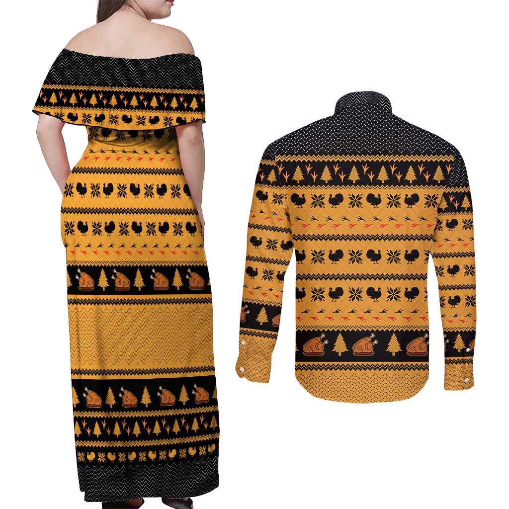 Americans Turkey Hunting Thanksgiving Christmas Couples Matching Off Shoulder Maxi Dress and Long Sleeve Button Shirt Xmas Holiday Patterns - Wonder Print Shop