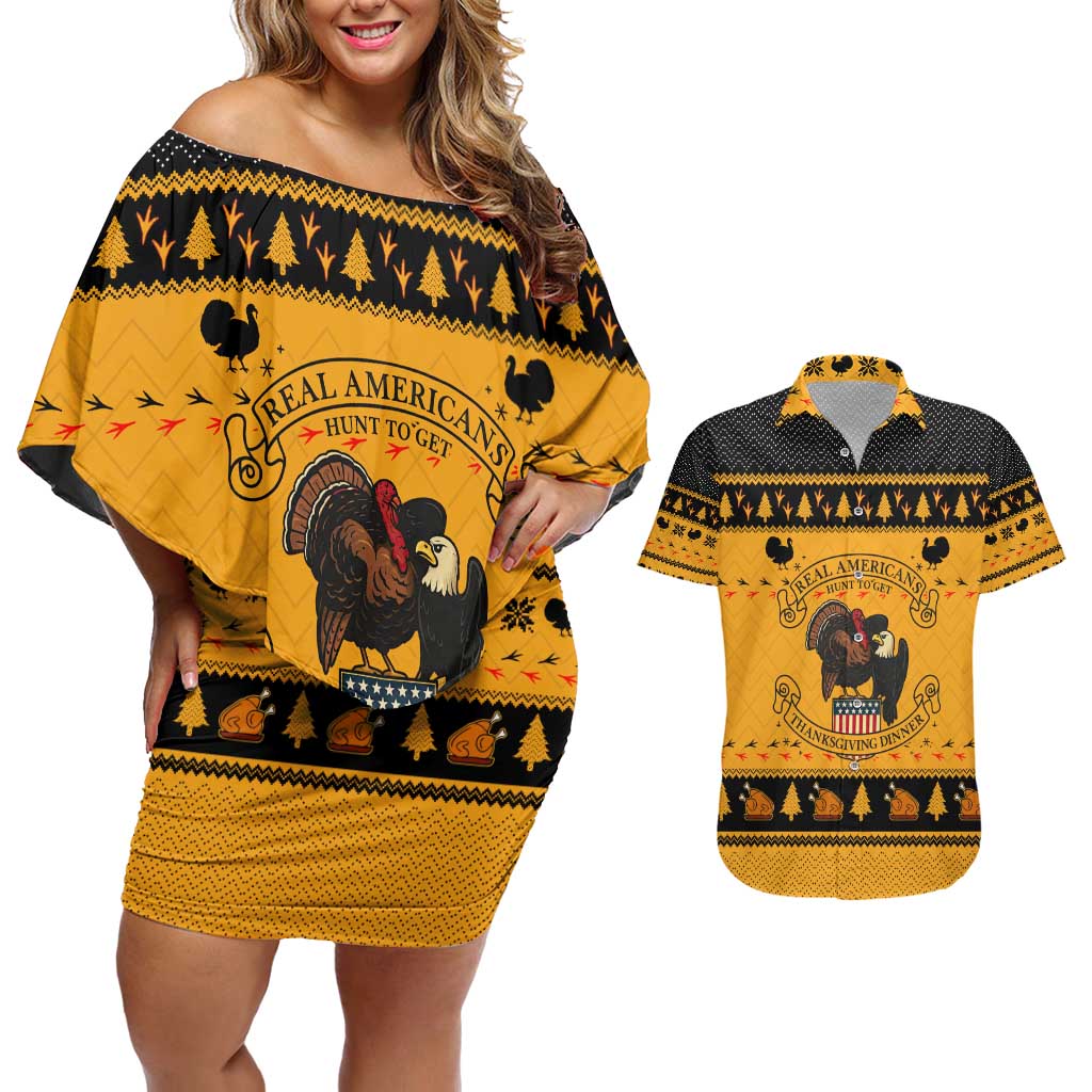 Americans Turkey Hunting Thanksgiving Christmas Couples Matching Off Shoulder Short Dress and Hawaiian Shirt Xmas Holiday Patterns - Wonder Print Shop