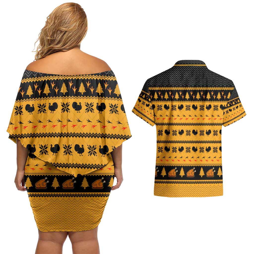 Americans Turkey Hunting Thanksgiving Christmas Couples Matching Off Shoulder Short Dress and Hawaiian Shirt Xmas Holiday Patterns - Wonder Print Shop