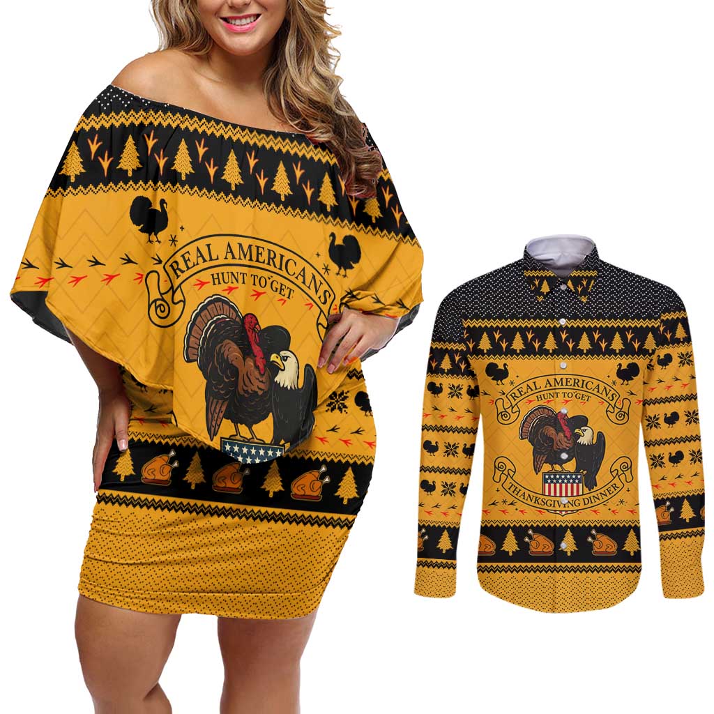 Americans Turkey Hunting Thanksgiving Christmas Couples Matching Off Shoulder Short Dress and Long Sleeve Button Shirt Xmas Holiday Patterns - Wonder Print Shop