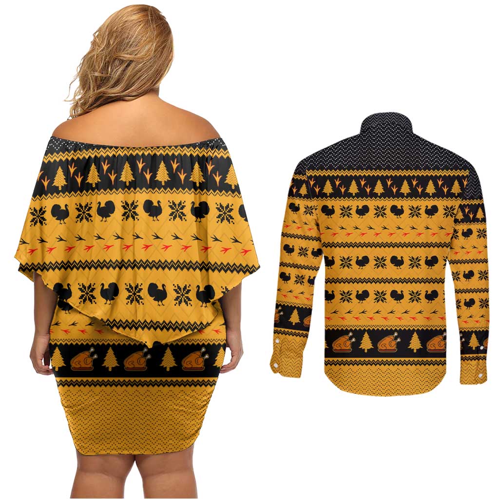 Americans Turkey Hunting Thanksgiving Christmas Couples Matching Off Shoulder Short Dress and Long Sleeve Button Shirt Xmas Holiday Patterns - Wonder Print Shop