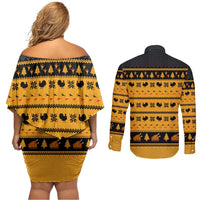 Americans Turkey Hunting Thanksgiving Christmas Couples Matching Off Shoulder Short Dress and Long Sleeve Button Shirt Xmas Holiday Patterns - Wonder Print Shop