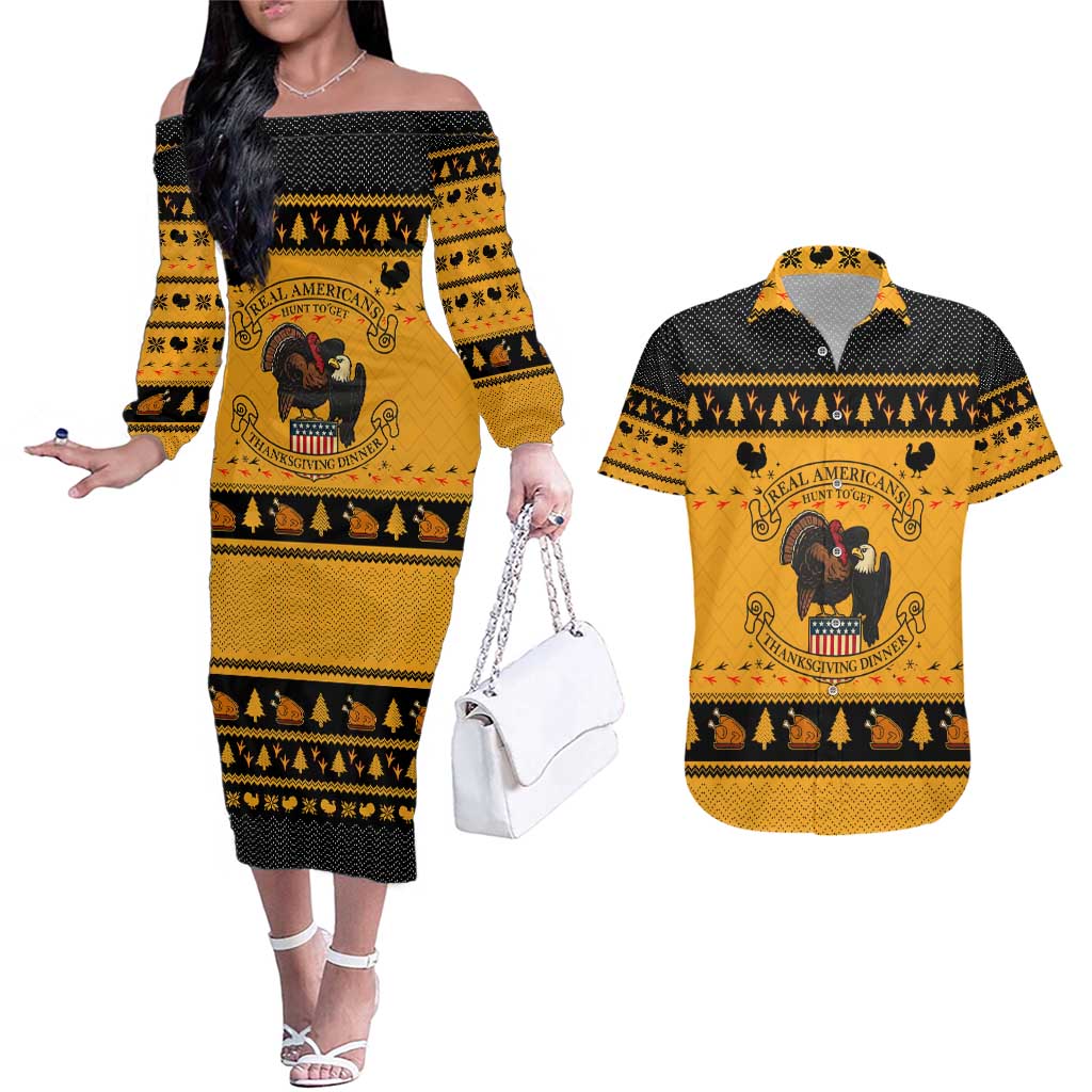 Americans Turkey Hunting Thanksgiving Christmas Couples Matching Off The Shoulder Long Sleeve Dress and Hawaiian Shirt Xmas Holiday Patterns - Wonder Print Shop