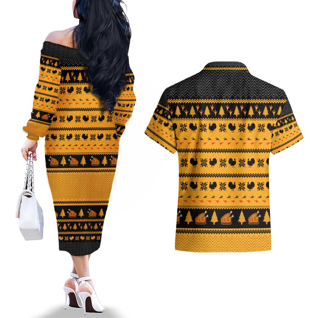 Americans Turkey Hunting Thanksgiving Christmas Couples Matching Off The Shoulder Long Sleeve Dress and Hawaiian Shirt Xmas Holiday Patterns - Wonder Print Shop