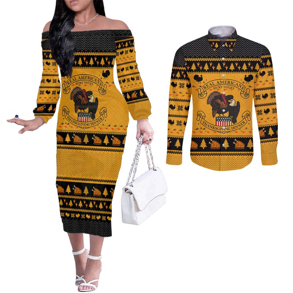 Americans Turkey Hunting Thanksgiving Christmas Couples Matching Off The Shoulder Long Sleeve Dress and Long Sleeve Button Shirt Xmas Holiday Patterns - Wonder Print Shop