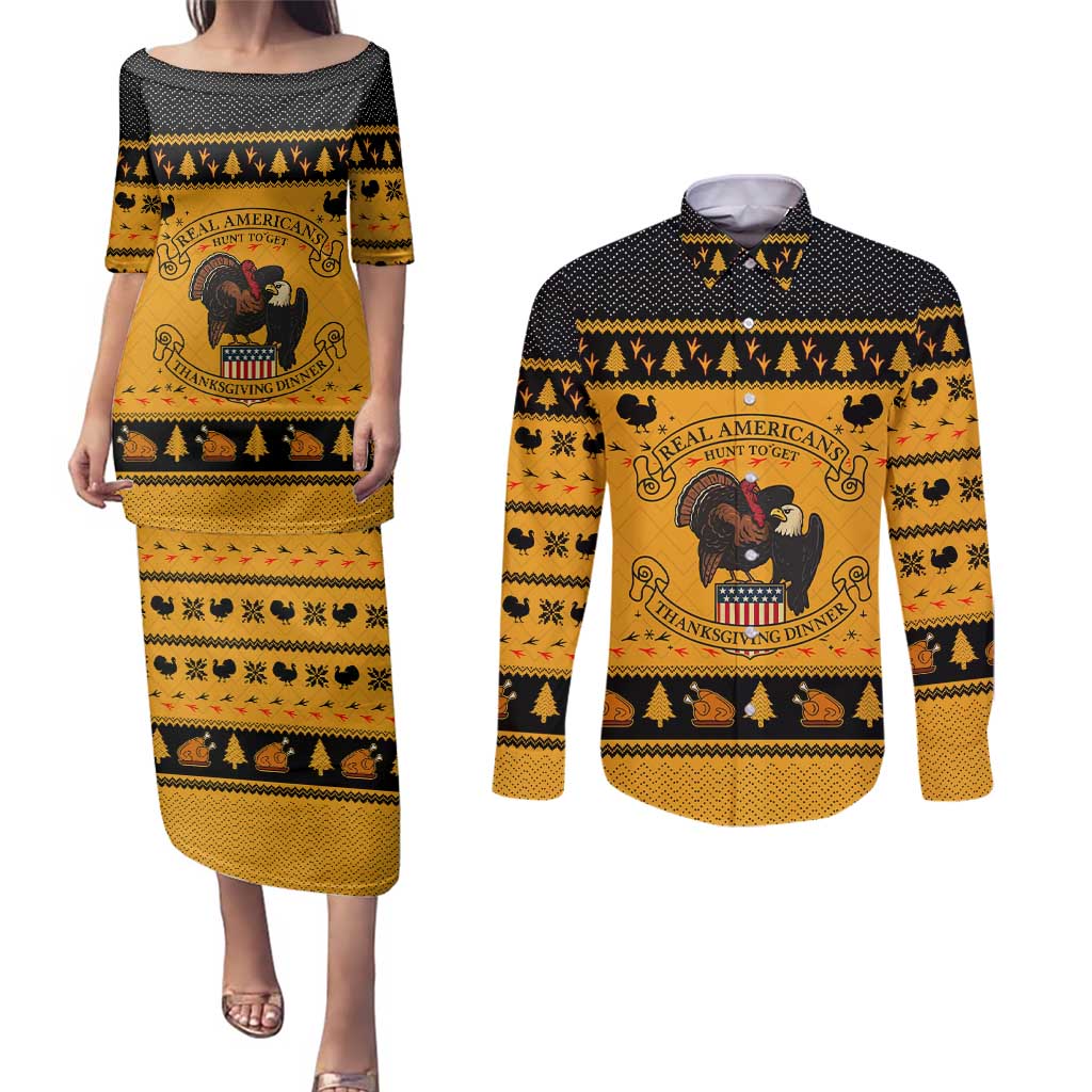 Americans Turkey Hunting Thanksgiving Christmas Couples Matching Puletasi and Long Sleeve Button Shirt Xmas Holiday Patterns - Wonder Print Shop