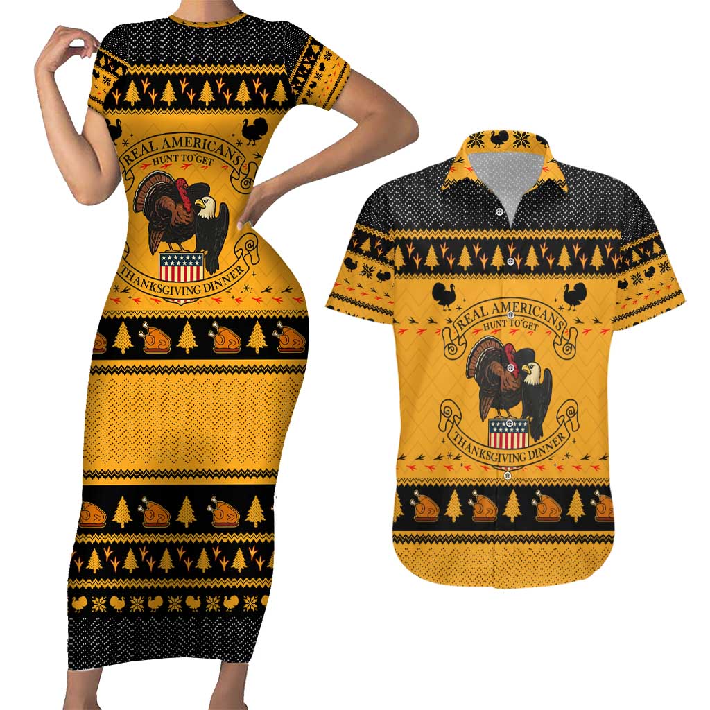 Americans Turkey Hunting Thanksgiving Christmas Couples Matching Short Sleeve Bodycon Dress and Hawaiian Shirt Xmas Holiday Patterns - Wonder Print Shop