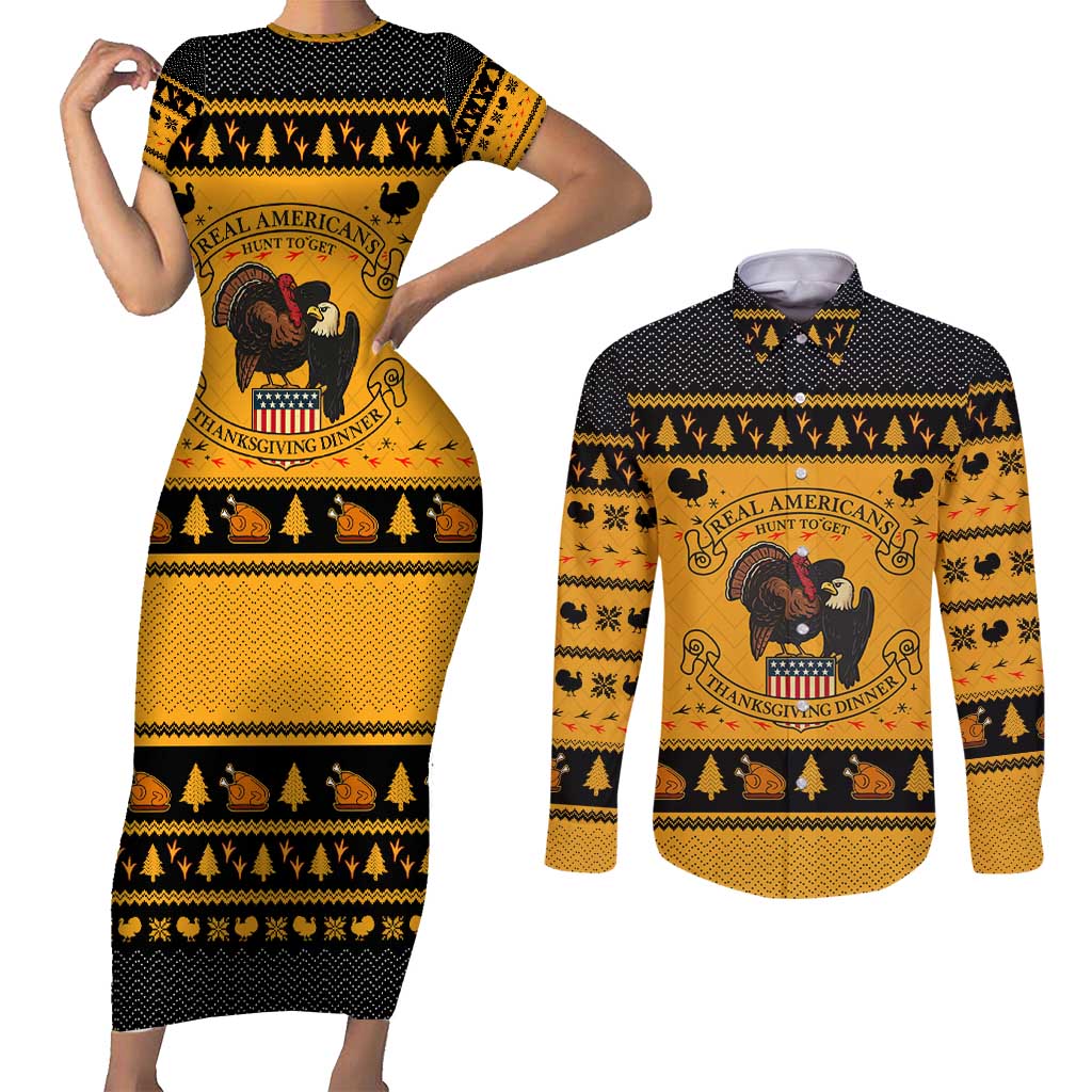 Americans Turkey Hunting Thanksgiving Christmas Couples Matching Short Sleeve Bodycon Dress and Long Sleeve Button Shirt Xmas Holiday Patterns - Wonder Print Shop
