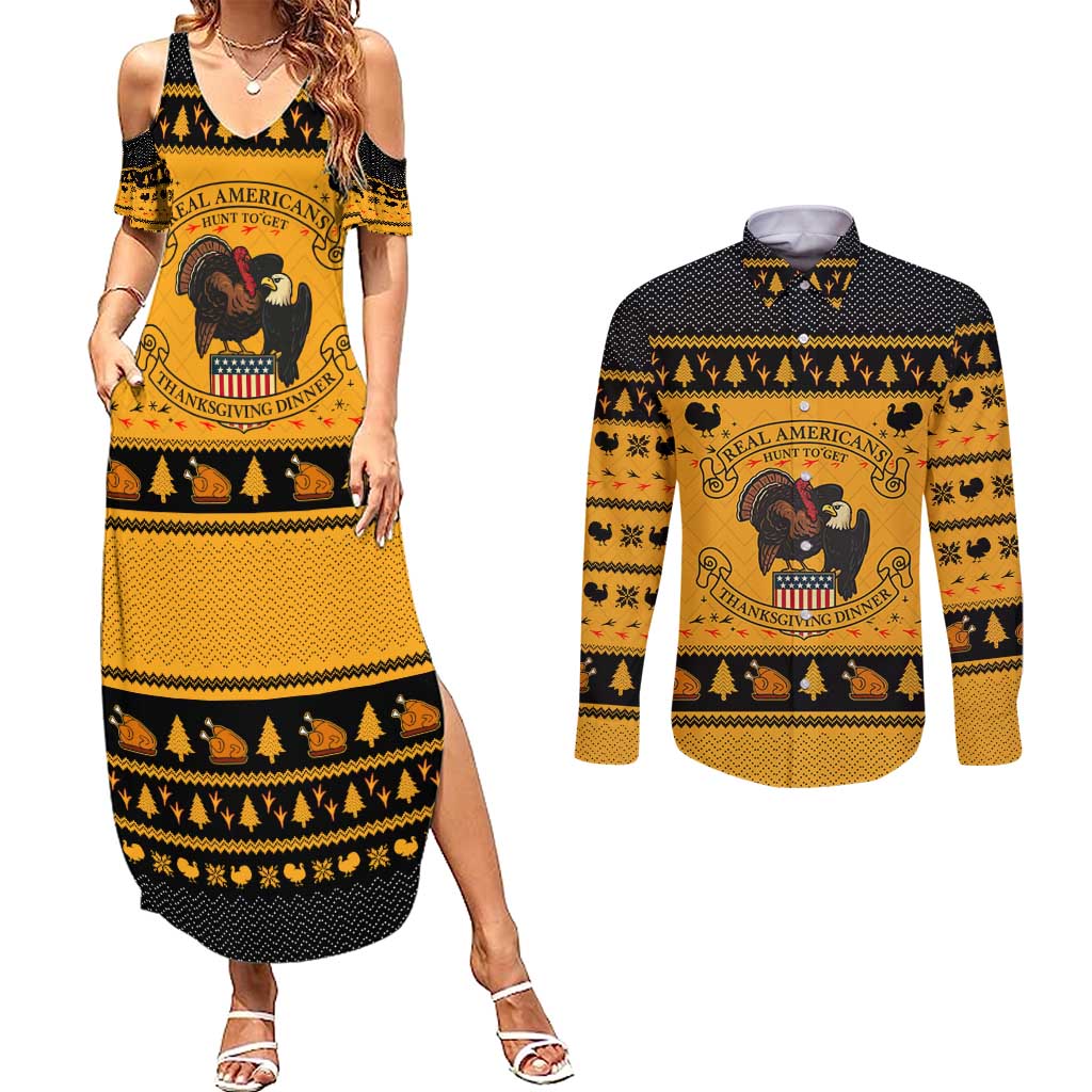Americans Turkey Hunting Thanksgiving Christmas Couples Matching Summer Maxi Dress and Long Sleeve Button Shirt Xmas Holiday Patterns - Wonder Print Shop