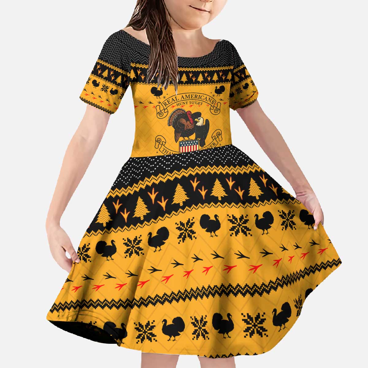 Americans Turkey Hunting Thanksgiving Christmas Family Matching Off The Shoulder Long Sleeve Dress and Hawaiian Shirt Xmas Holiday Patterns - Wonder Print Shop