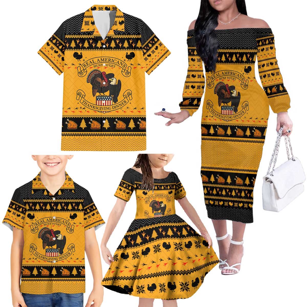 Americans Turkey Hunting Thanksgiving Christmas Family Matching Off The Shoulder Long Sleeve Dress and Hawaiian Shirt Xmas Holiday Patterns - Wonder Print Shop