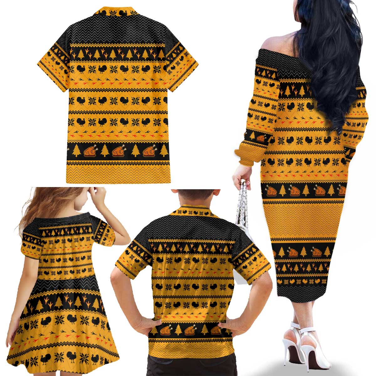 Americans Turkey Hunting Thanksgiving Christmas Family Matching Off The Shoulder Long Sleeve Dress and Hawaiian Shirt Xmas Holiday Patterns - Wonder Print Shop