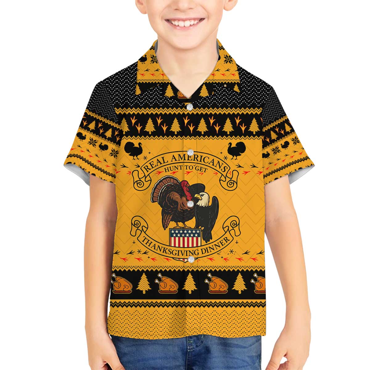 Americans Turkey Hunting Thanksgiving Christmas Family Matching Off The Shoulder Long Sleeve Dress and Hawaiian Shirt Xmas Holiday Patterns - Wonder Print Shop