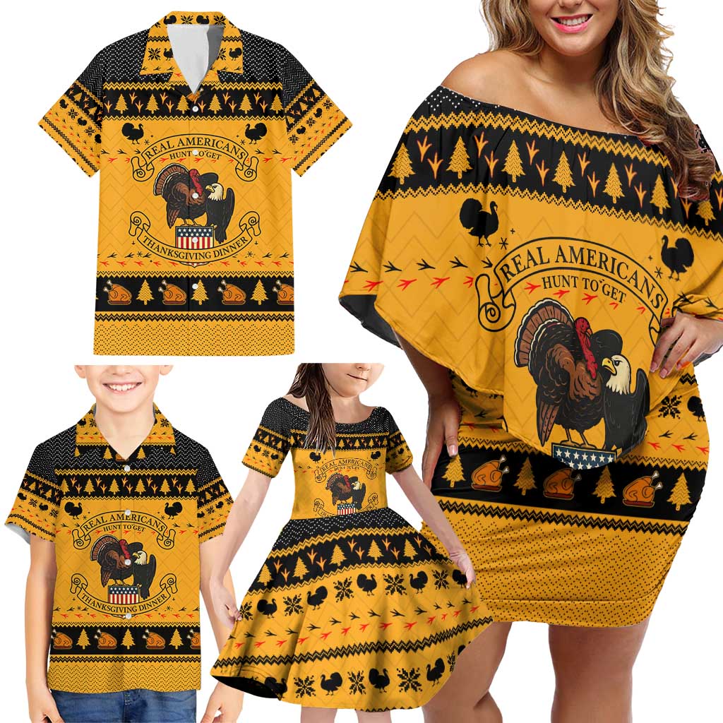 Americans Turkey Hunting Thanksgiving Christmas Family Matching Off Shoulder Short Dress and Hawaiian Shirt Xmas Holiday Patterns - Wonder Print Shop