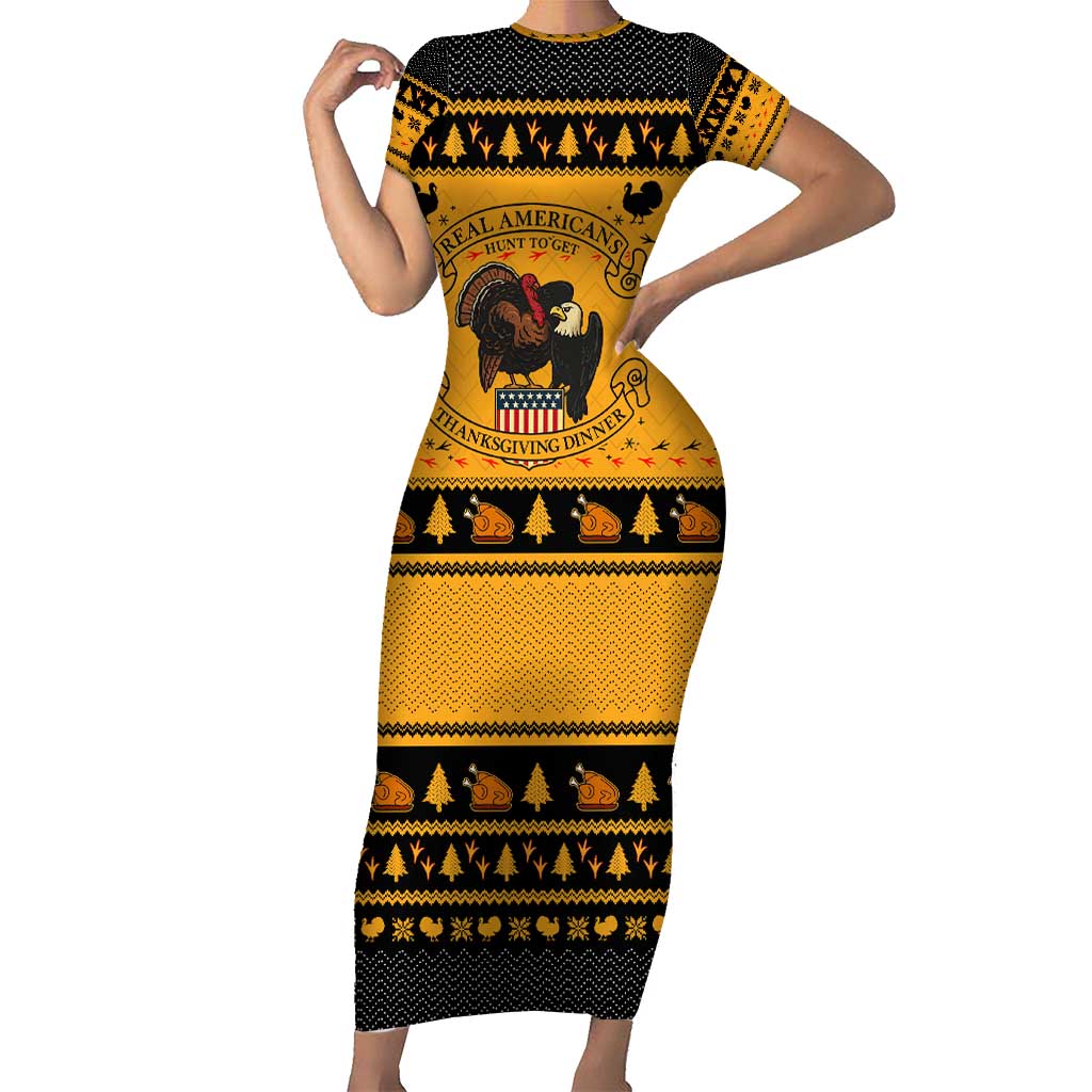 Americans Turkey Hunting Thanksgiving Christmas Family Matching Short Sleeve Bodycon Dress and Hawaiian Shirt Xmas Holiday Patterns - Wonder Print Shop