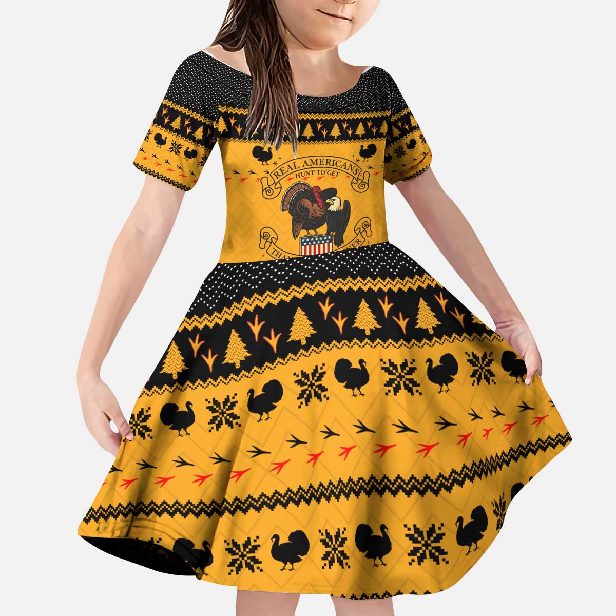 Americans Turkey Hunting Thanksgiving Christmas Kid Short Sleeve Dress Xmas Holiday Patterns - Wonder Print Shop