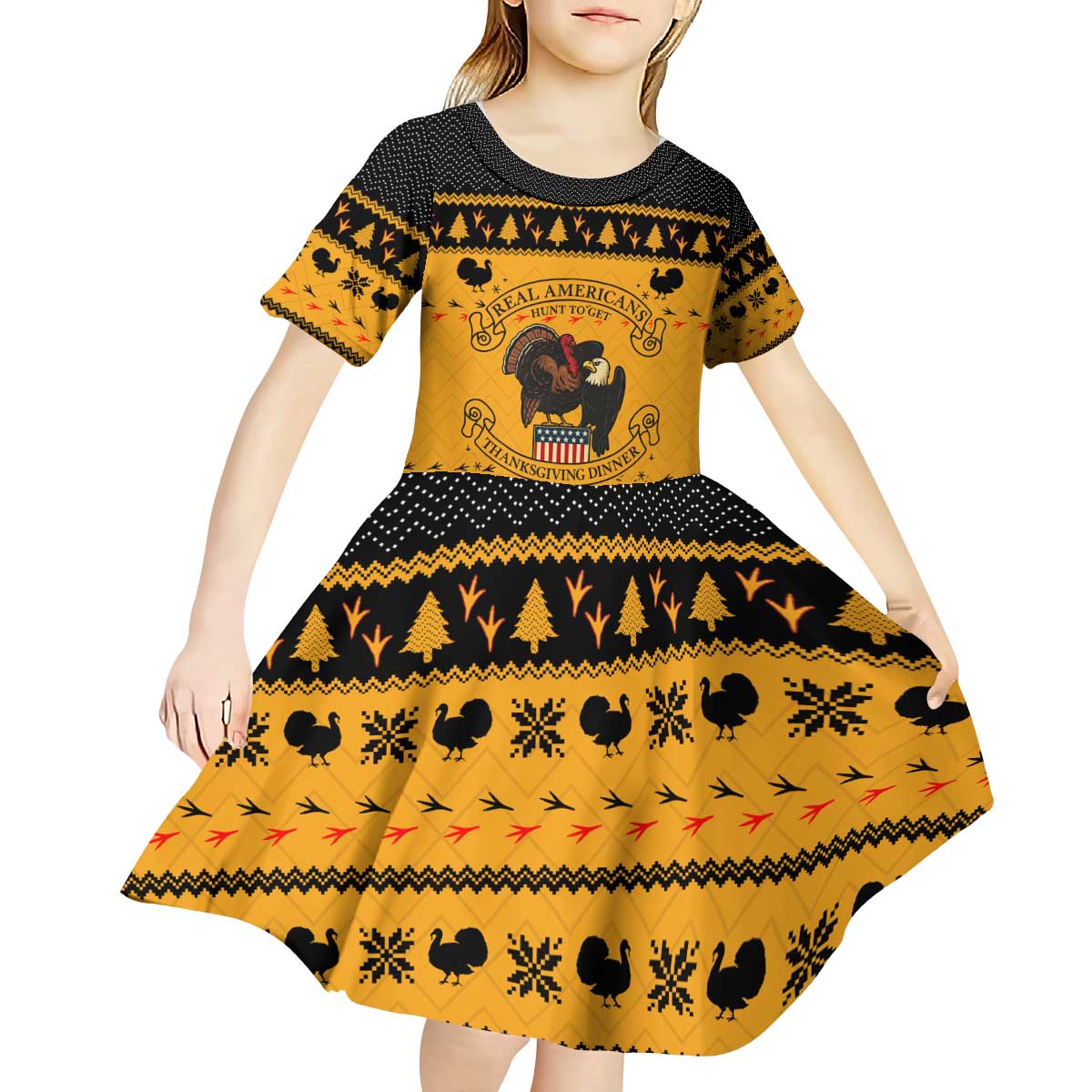 Americans Turkey Hunting Thanksgiving Christmas Kid Short Sleeve Dress Xmas Holiday Patterns - Wonder Print Shop