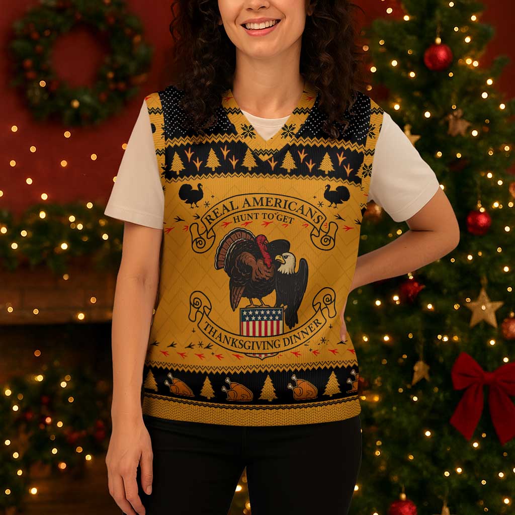 Americans Turkey Hunting Thanksgiving Christmas Knitted V-Neck Vest Xmas Holiday Patterns - Wonder Print Shop