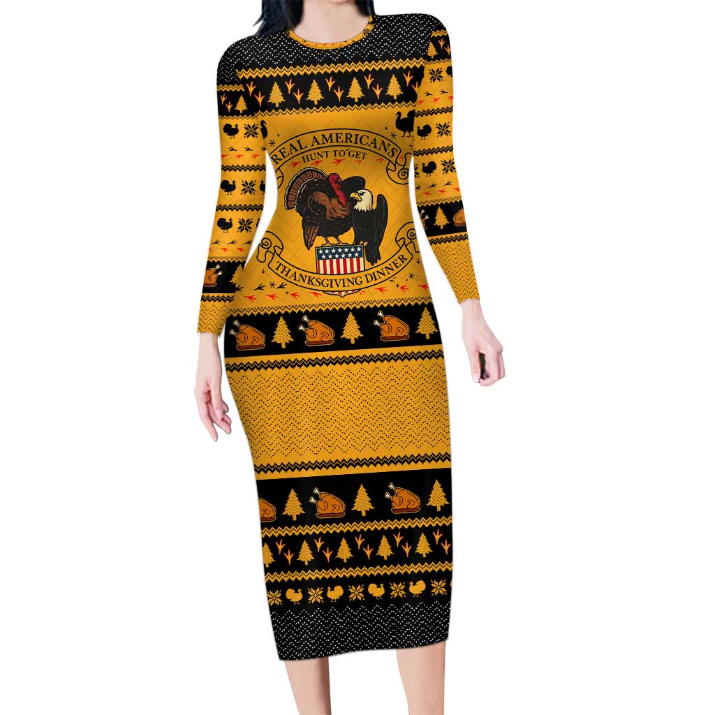 Americans Turkey Hunting Thanksgiving Christmas Long Sleeve Bodycon Dress Xmas Holiday Patterns - Wonder Print Shop