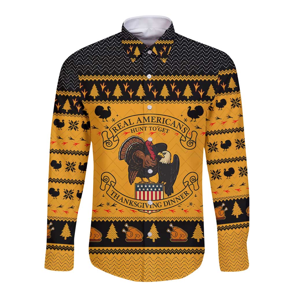 Americans Turkey Hunting Thanksgiving Christmas Long Sleeve Button Shirt Xmas Holiday Patterns - Wonder Print Shop