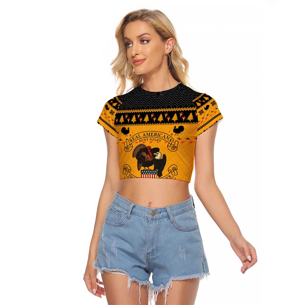 Americans Turkey Hunting Thanksgiving Christmas Raglan Cropped T Shirt Xmas Holiday Patterns - Wonder Print Shop