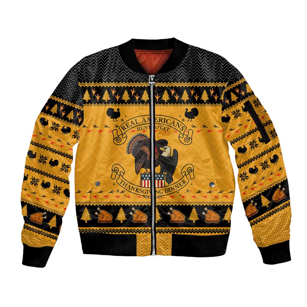 Americans Turkey Hunting Thanksgiving Christmas Sleeve Zip Bomber Jacket Xmas Holiday Patterns - Wonder Print Shop