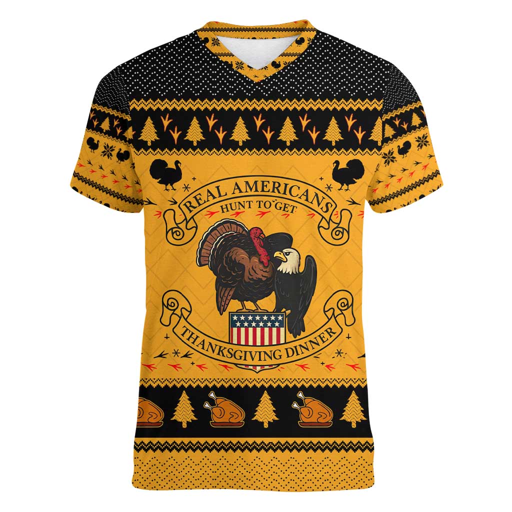 Americans Turkey Hunting Thanksgiving Christmas Women V-Neck T-Shirt Xmas Holiday Patterns - Wonder Print Shop