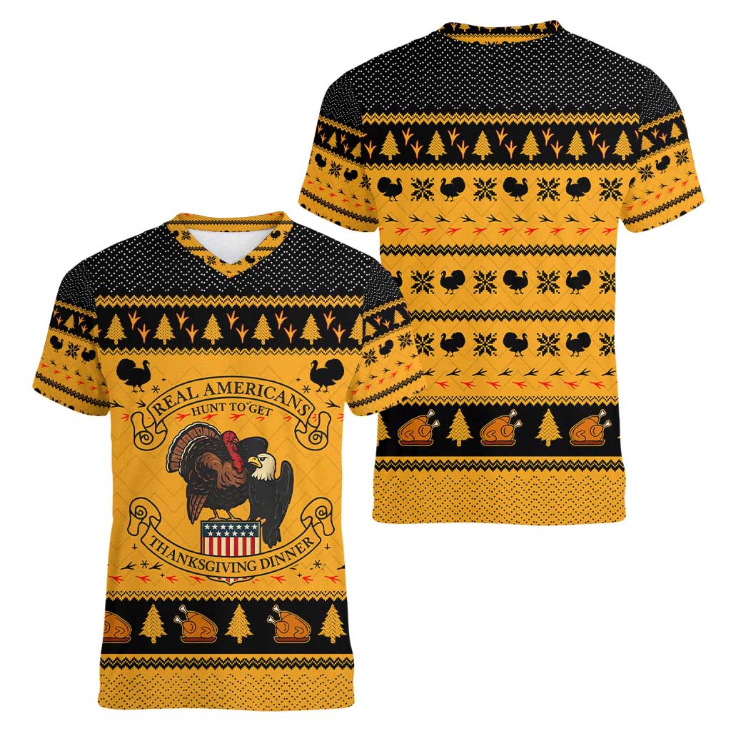 Americans Turkey Hunting Thanksgiving Christmas Women V-Neck T-Shirt Xmas Holiday Patterns - Wonder Print Shop