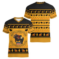 Americans Turkey Hunting Thanksgiving Christmas Women V-Neck T-Shirt Xmas Holiday Patterns - Wonder Print Shop