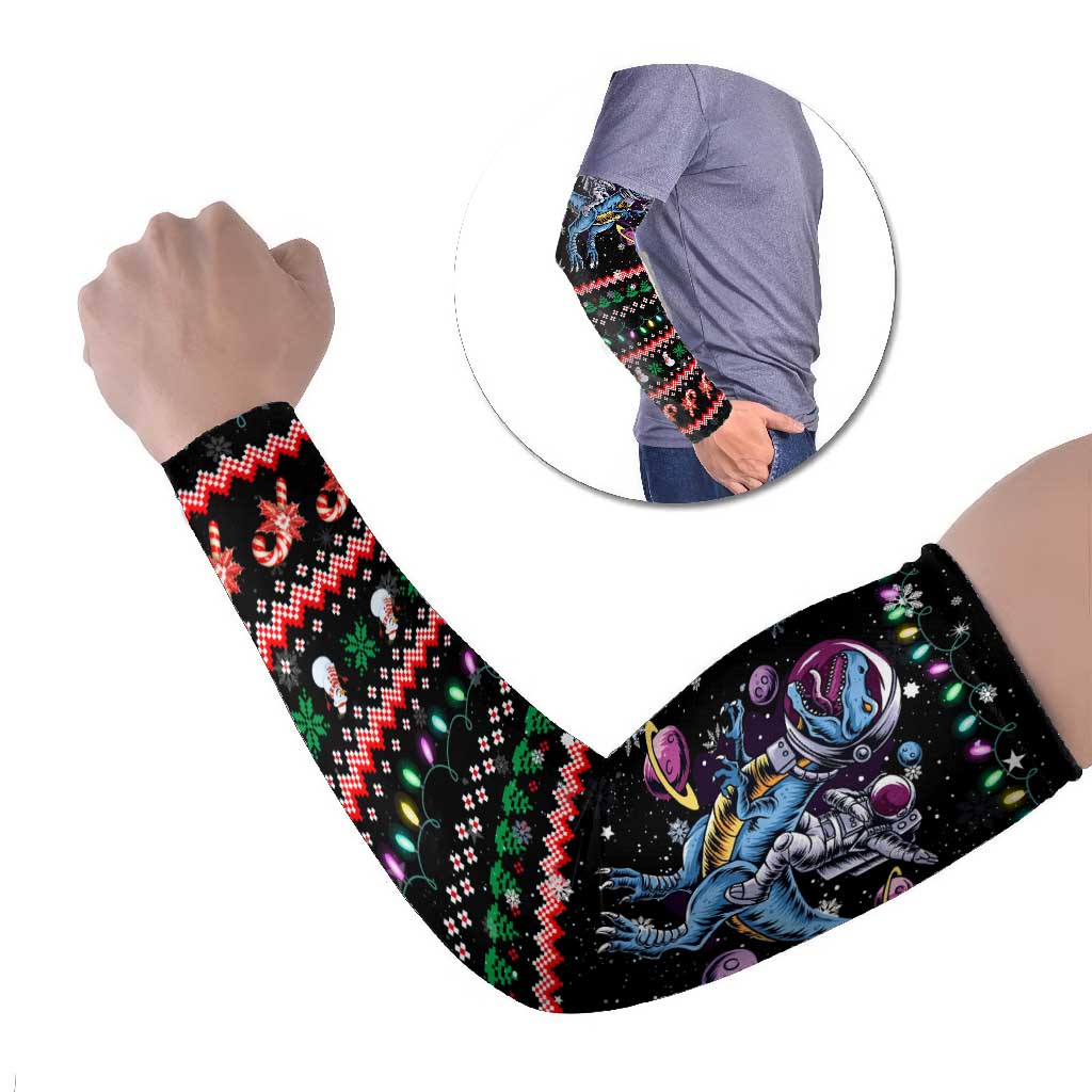 Astronauts Ride A T Rex In Space With The Planet Christmas Arm Sleeves Xmas Holiday Patterns - Wonder Print Shop