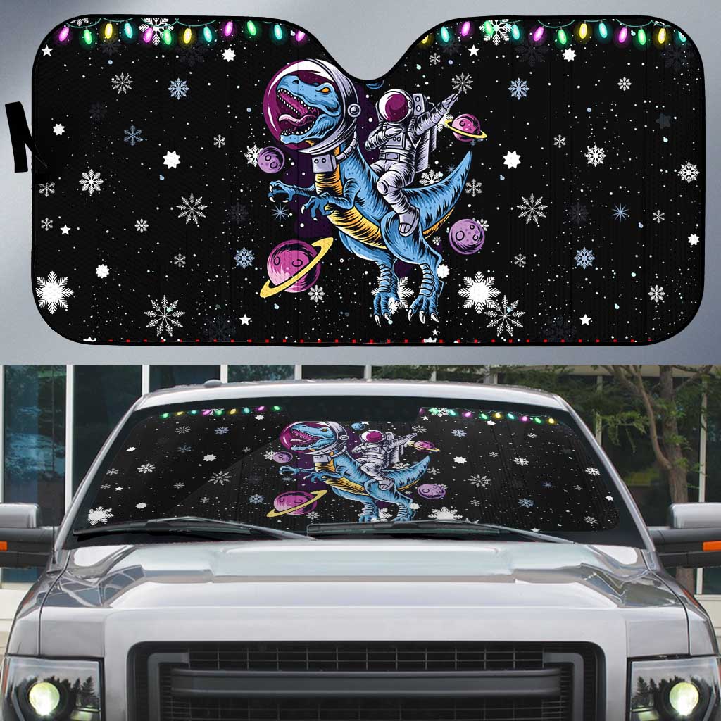 Astronauts Ride A T Rex In Space With The Planet Christmas Auto Sun Shade Xmas Holiday Patterns - Wonder Print Shop