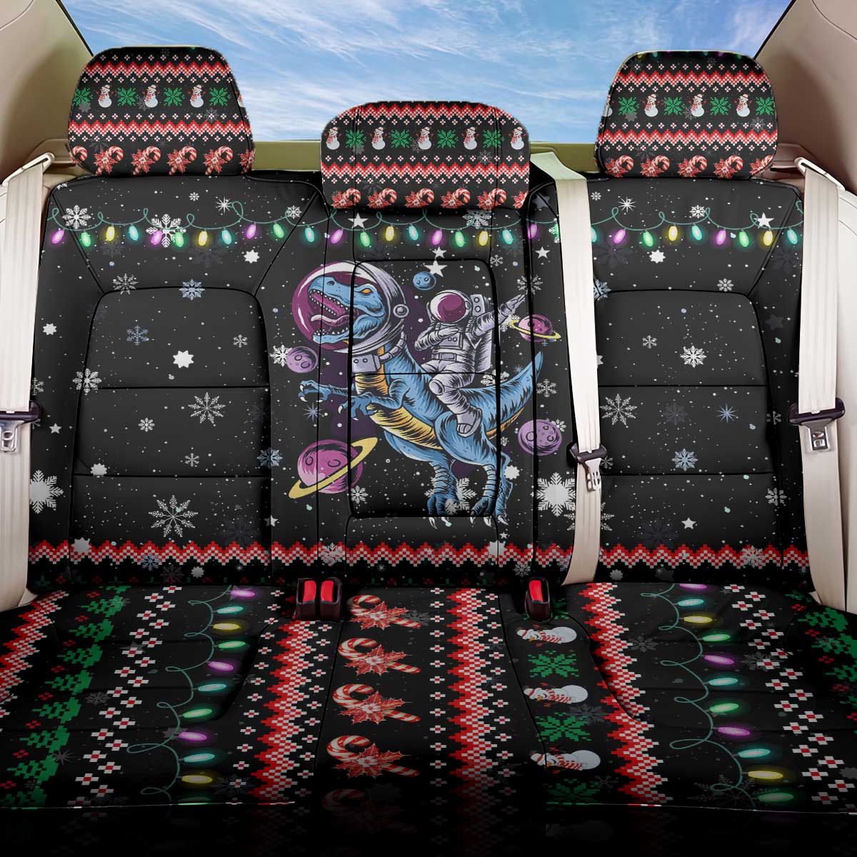 Astronauts Ride A T Rex In Space With The Planet Christmas Back Car Seat Cover Xmas Holiday Patterns - Wonder Print Shop