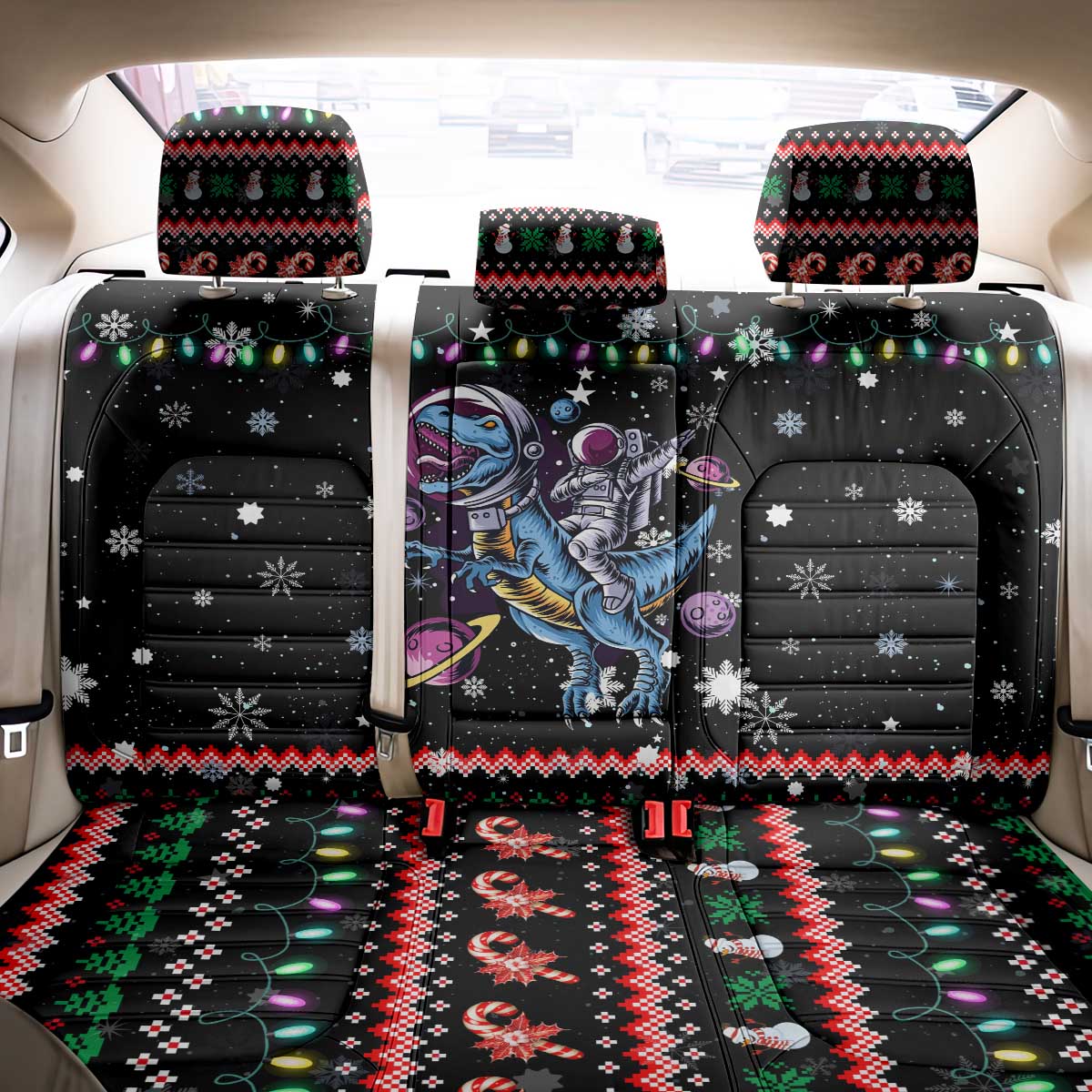 Astronauts Ride A T Rex In Space With The Planet Christmas Back Car Seat Cover Xmas Holiday Patterns - Wonder Print Shop