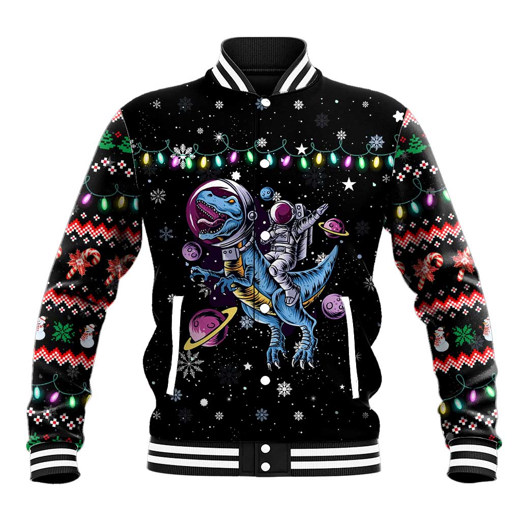 Astronauts Ride A T Rex In Space With The Planet Christmas Baseball Jacket Xmas Holiday Patterns - Wonder Print Shop