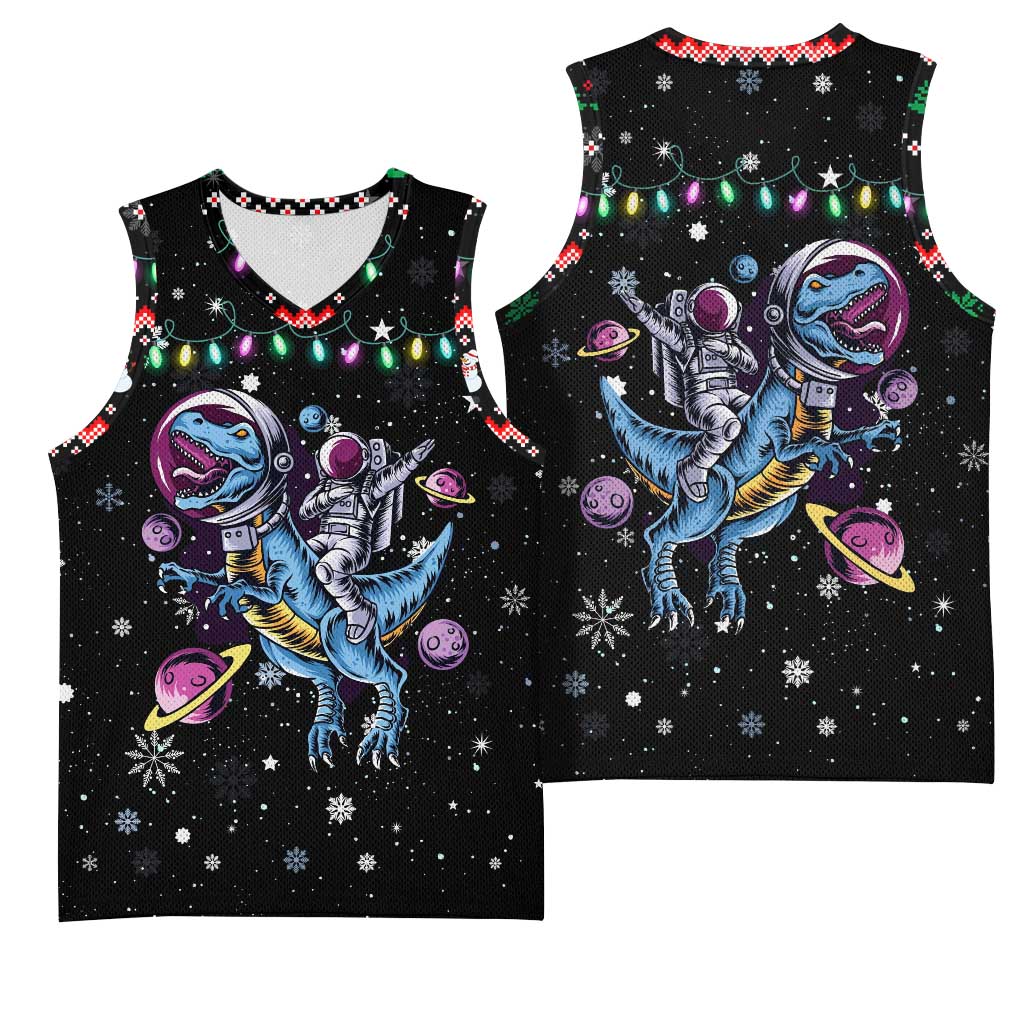 Astronauts Ride A T Rex In Space With The Planet Christmas Basketball Jersey Xmas Holiday Patterns - Wonder Print Shop