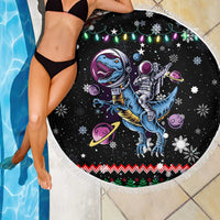 Astronauts Ride A T Rex In Space With The Planet Christmas Beach Blanket Xmas Holiday Patterns - Wonder Print Shop