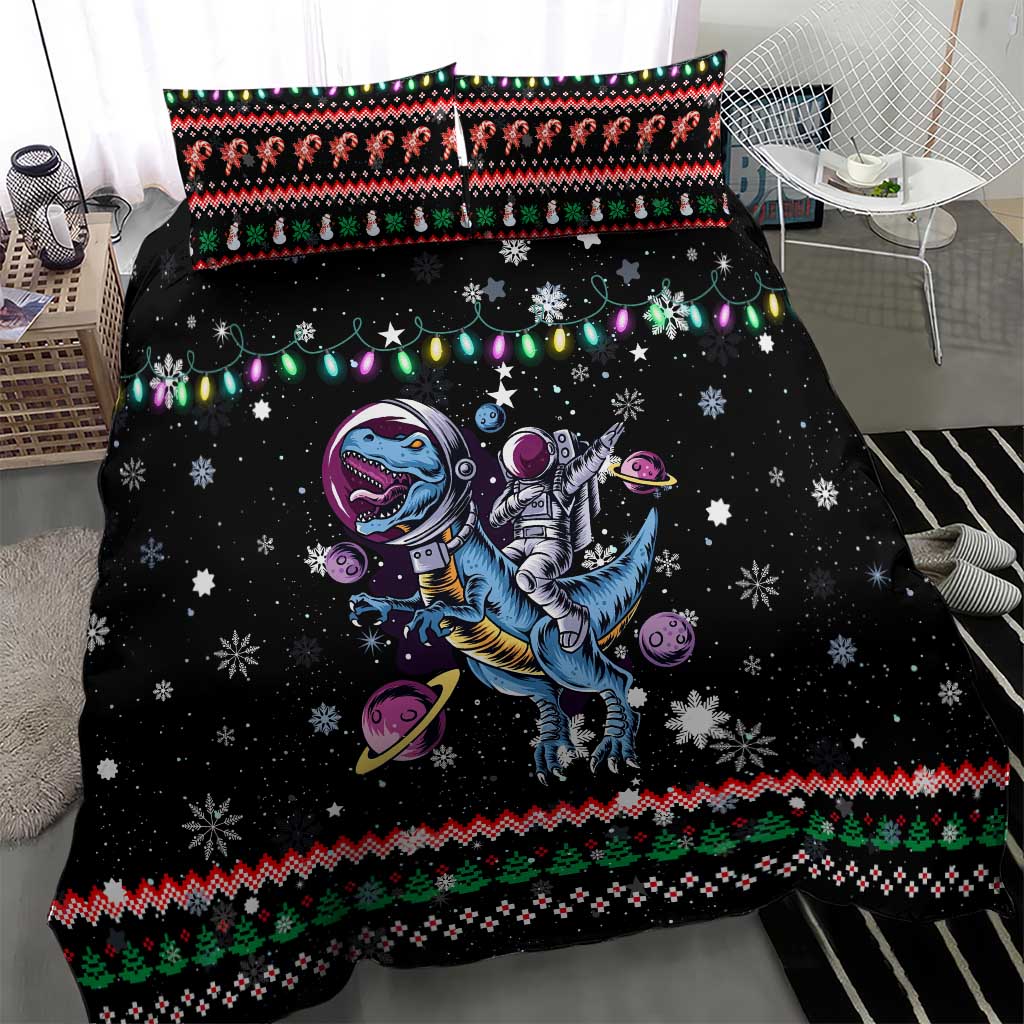 Astronauts Ride A T Rex In Space With The Planet Christmas Bedding Set Xmas Holiday Patterns - Wonder Print Shop