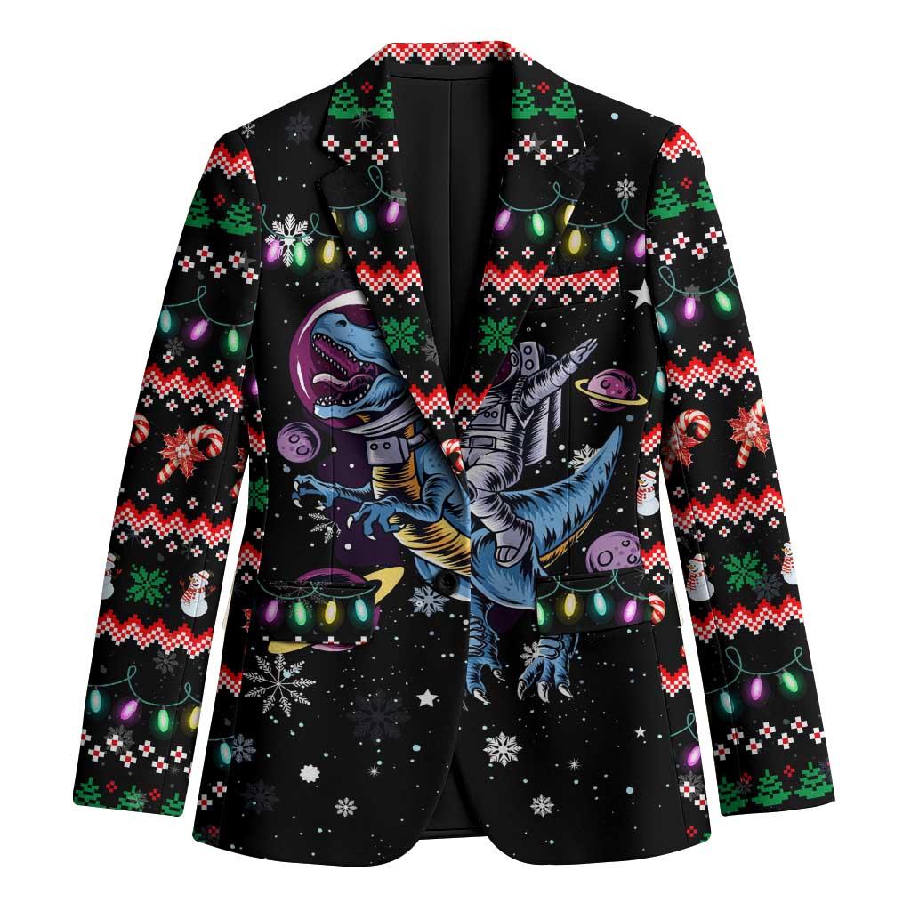 Astronauts Ride A T Rex In Space With The Planet Christmas Blazer Xmas Holiday Patterns - Wonder Print Shop